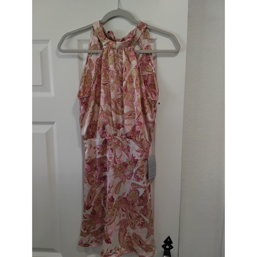 Lush Cream Paisley Halter Neck Mini Dress Pink Gold Sleeveless XS DR98225-003